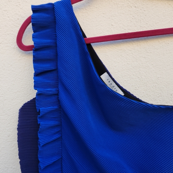 SANDRO Rdv One-shoulder Ruffled Pleated Crepe Dress In Blue - Picture 5 of 11